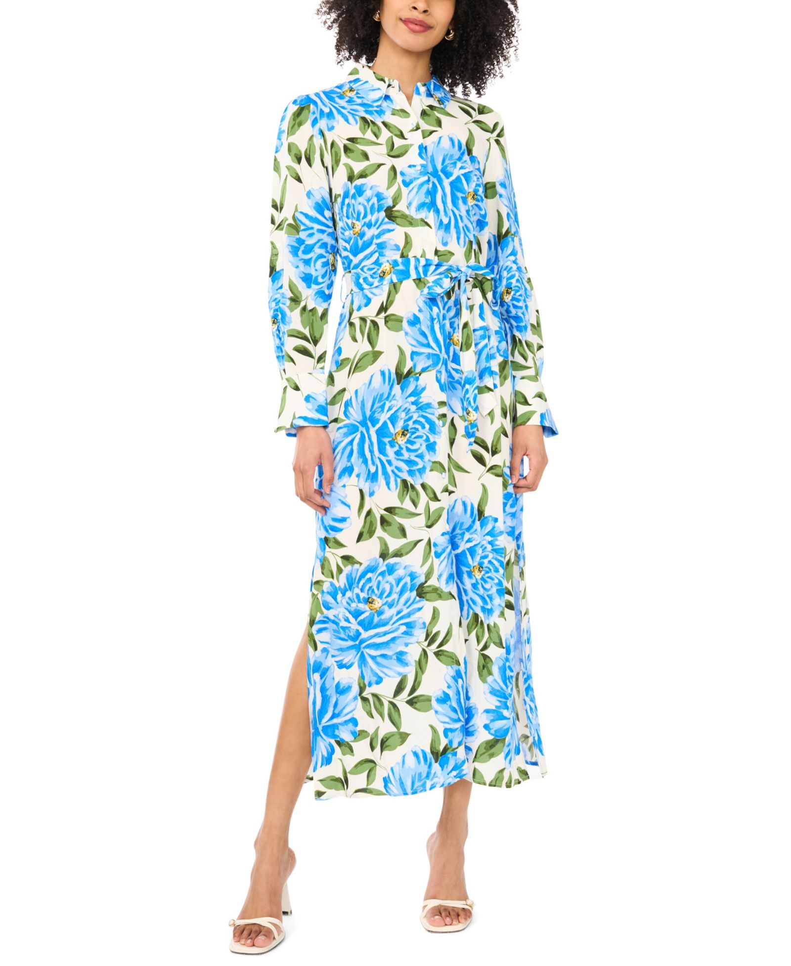 Женское макси-платье Vince Camuto Floral Collared с длинным рукавом