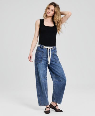 And Now This Petite High-Rise Tie-Waist Barrel Leg Jeans, Macy's Exclusive