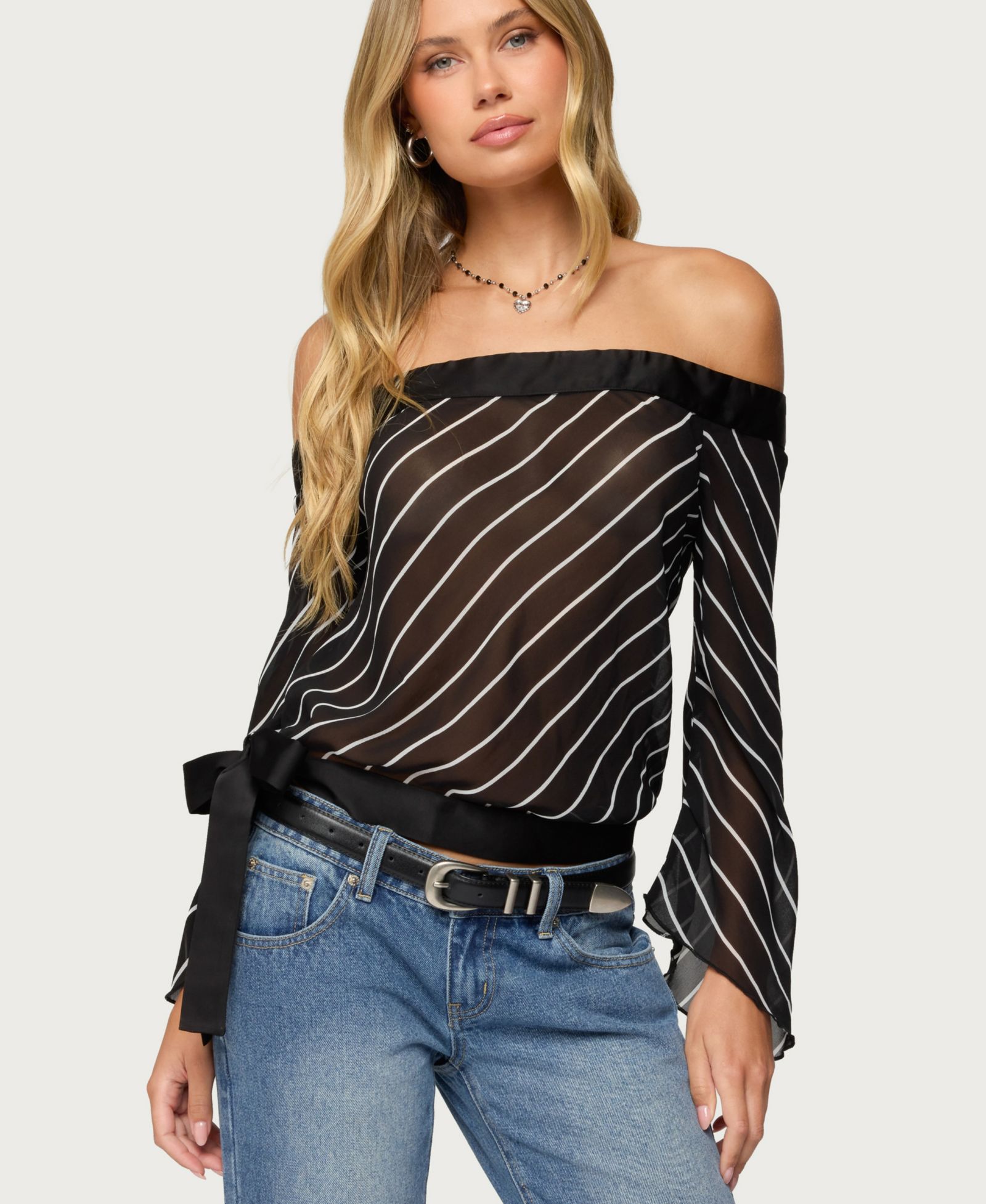 Топ Edikted Women's Diagonal Striped Off Shoulder Chiffon