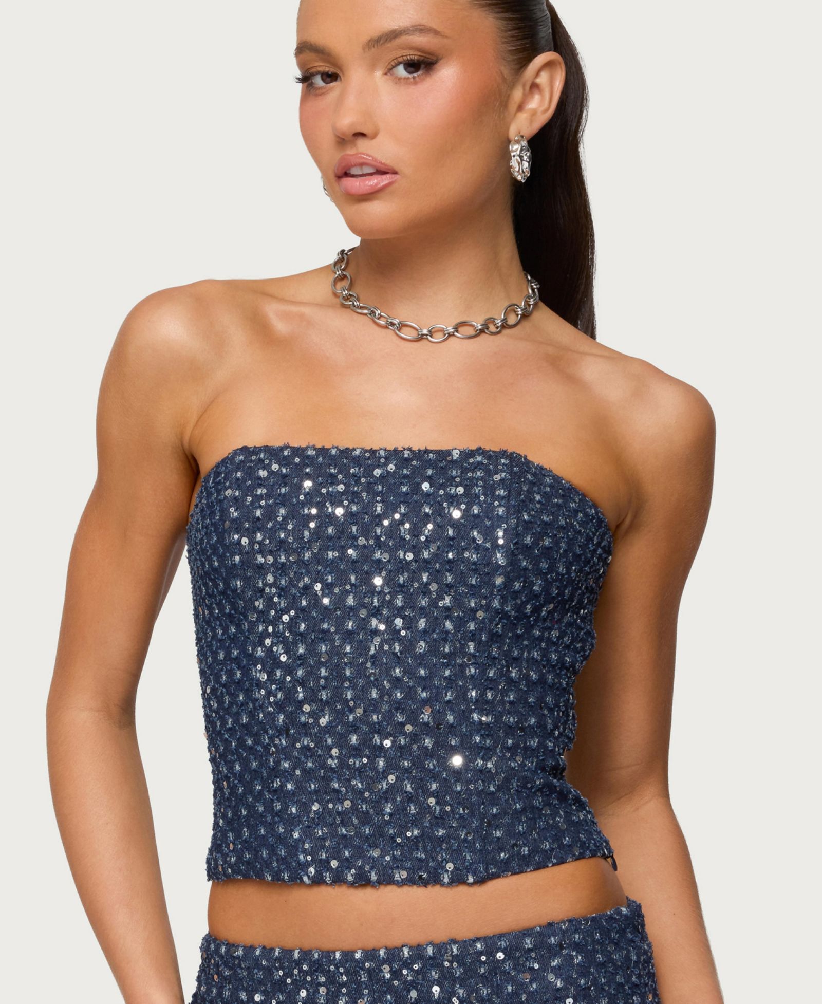 Edikted Women's Sora Sequin Distressed Denim Corset
