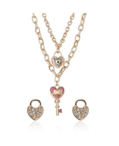 Juicy Couture Key Charm Layered Necklace and Lock Earring Set