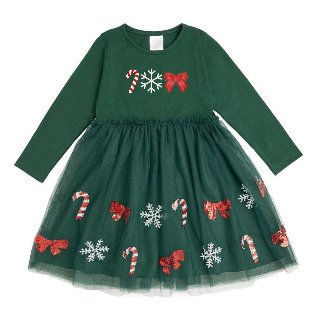 Sweet Wink Kid's Little Girl's Emerald Candy Cane Sequin Christmas Long Sleeve Tutu Dress