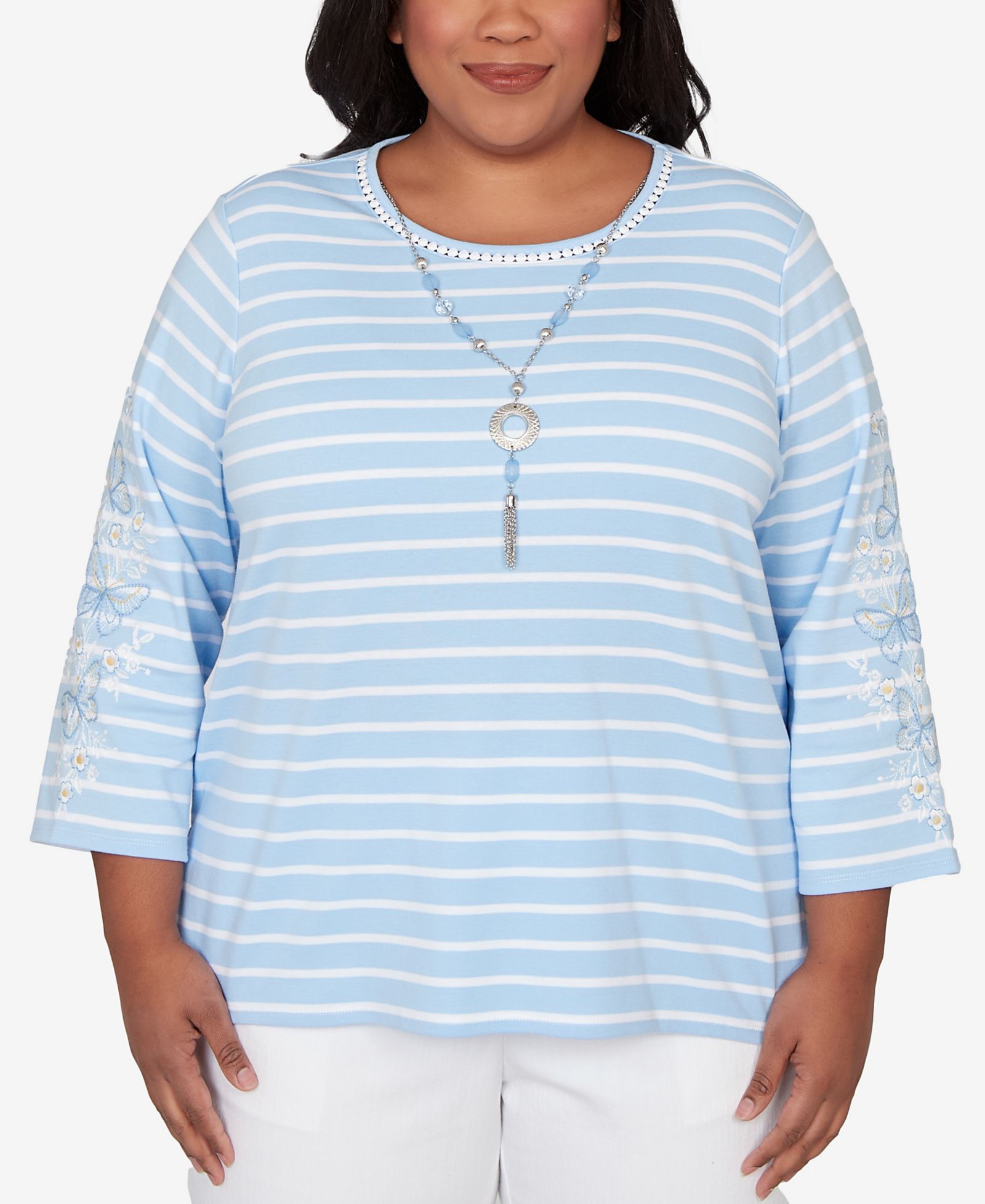 Alfred Dunner Plus Size классический полосатый топ с вышивкой на рукавах и ожерельем