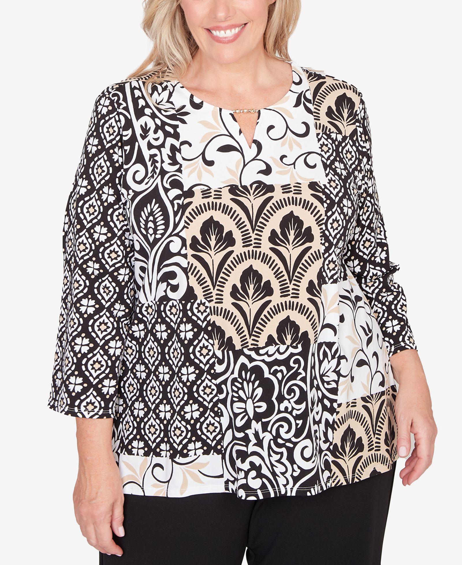 Топ Alfred Dunner Plus Size Classic Geometric Scroll Patchwork Split Neck