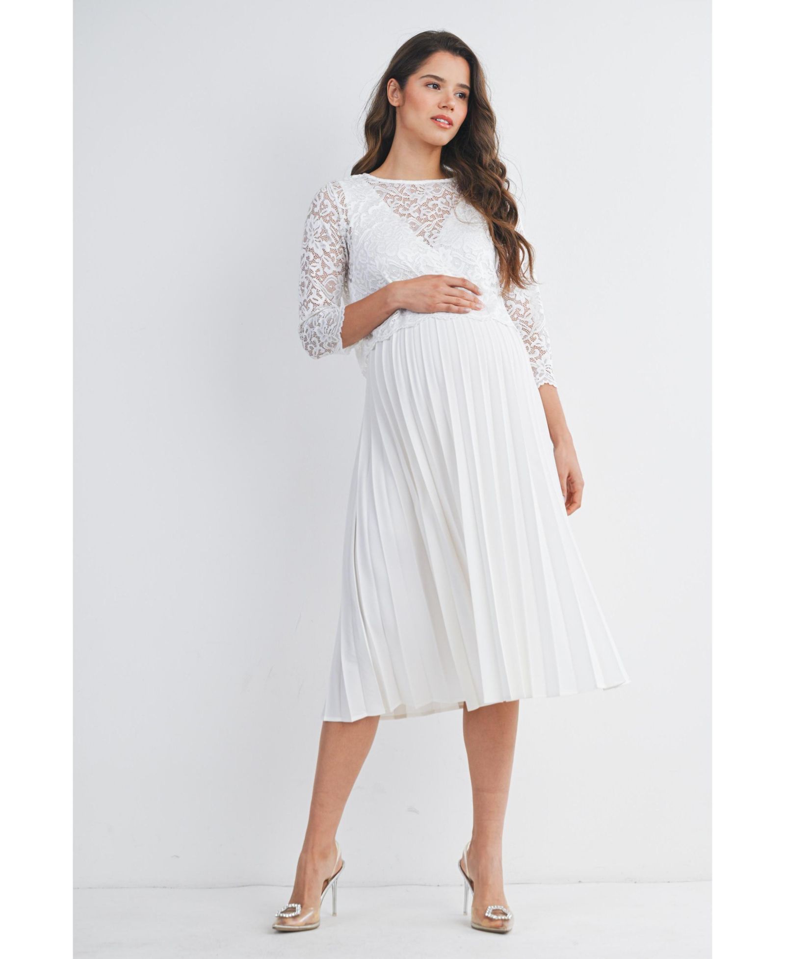 Hello Miz Women's 3/4 Sleeve Lace Bodice Pleated Nursing Dress