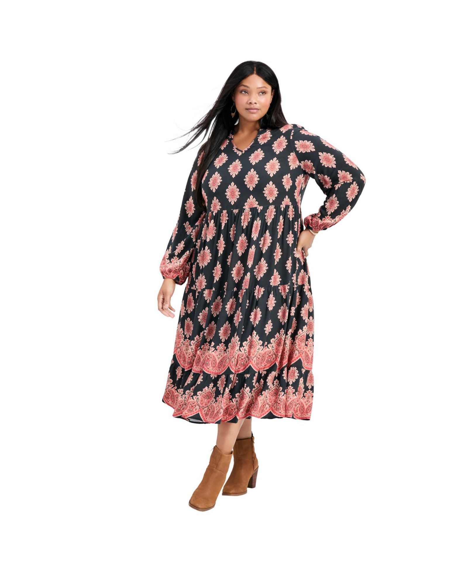 AVENUE Women's Plus Size Everlasting Bordered Print Blouson Sleeve Dress