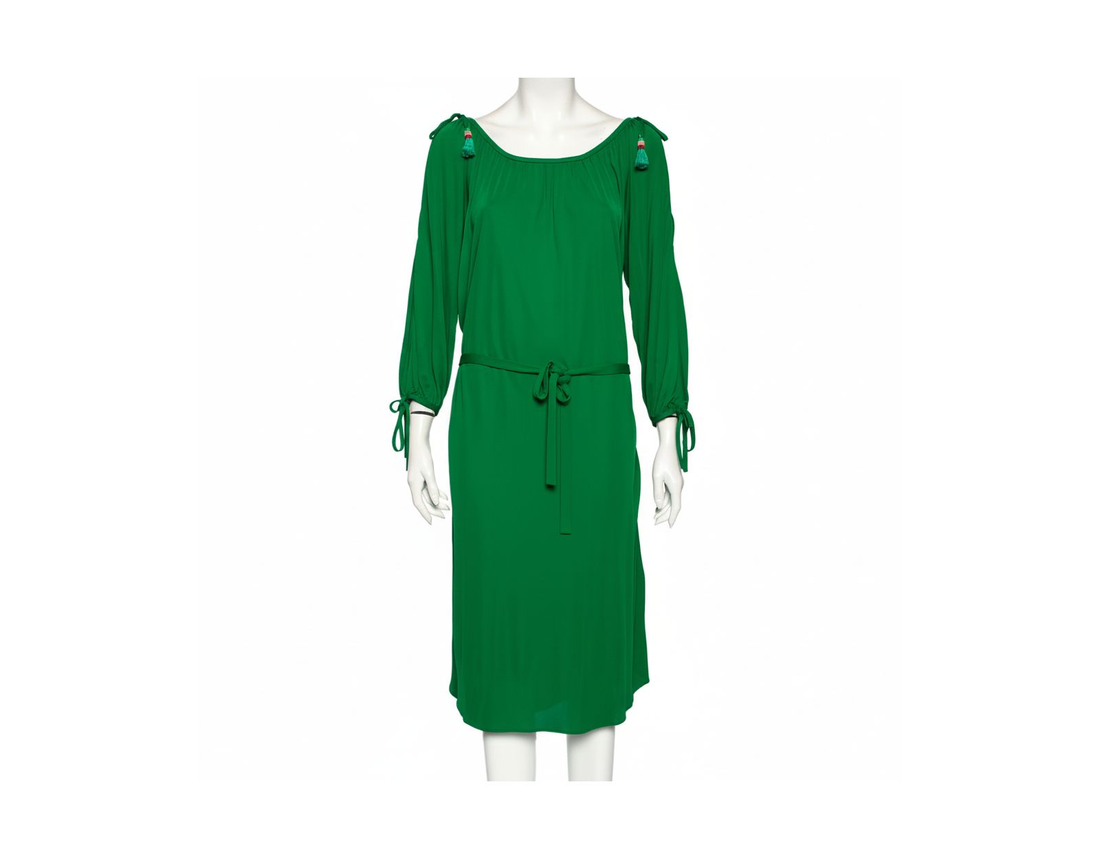 Pre-Owned Roberto Cavalli Women's Green Jersey Cold Shoulder Tassel Tie Detailed Belted Dress
