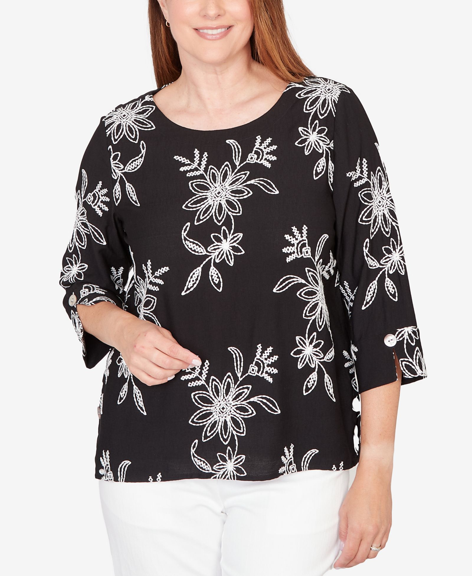 Alfred Dunner Women's Classic Tossed Floral Embroidered Top