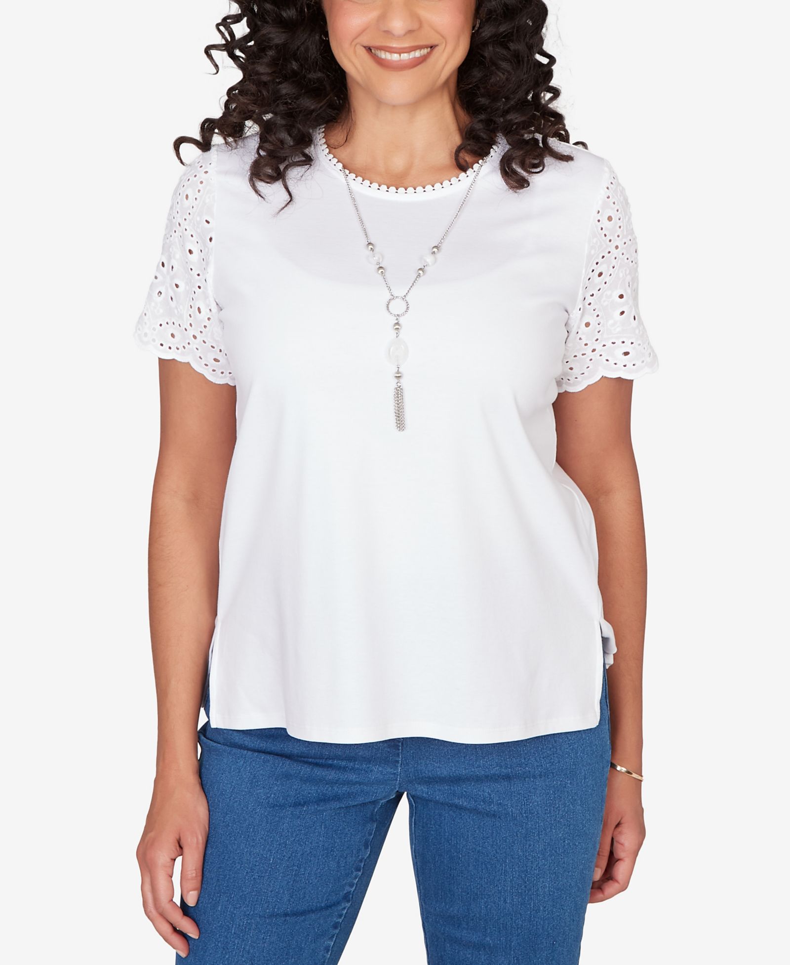 Alfred Dunner Women's Classic Solid Eyelet Sleeve T-Shirt with Necklace