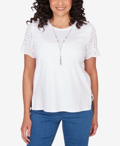 Alfred Dunner Women's Classic Solid Eyelet Sleeve T-Shirt with Necklace