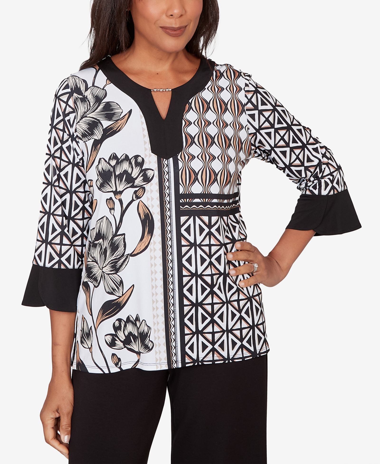 Топ Alfred Dunner Women's Classic Floral Geo Patchwork Split Neck