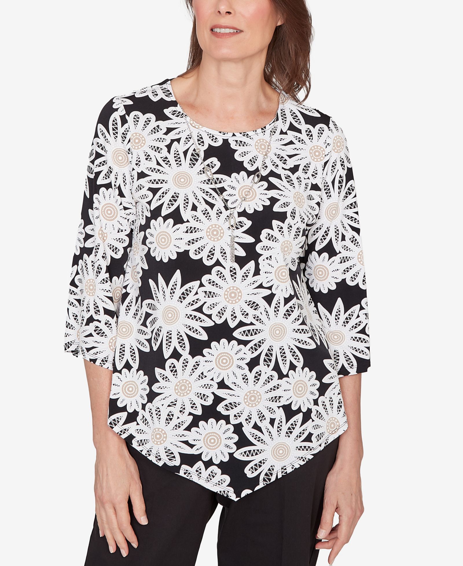 Alfred Dunner Women's Classic Daisy Pointed Hem Top with Necklace