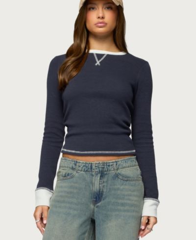 Edikted Women's Rora Contrast Long Sleeve Waffle Top