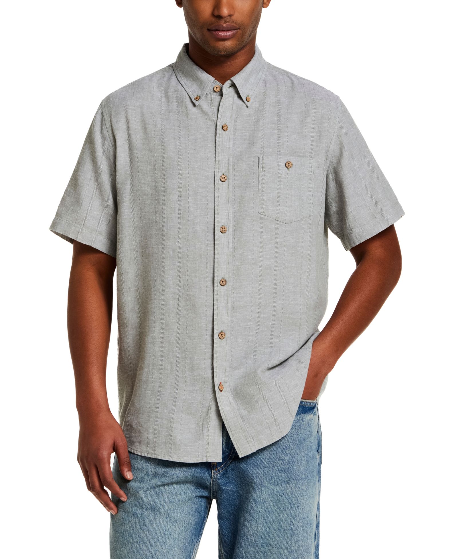 Weatherproof Vintage Men's Short-Sleeve Button Down Linen Cotton Vertical Dobby Striped Shirt