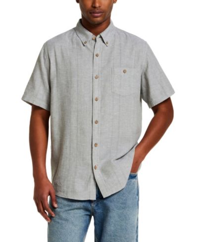 Weatherproof Vintage Men's Short-Sleeve Button Down Linen Cotton Vertical Dobby Striped Shirt