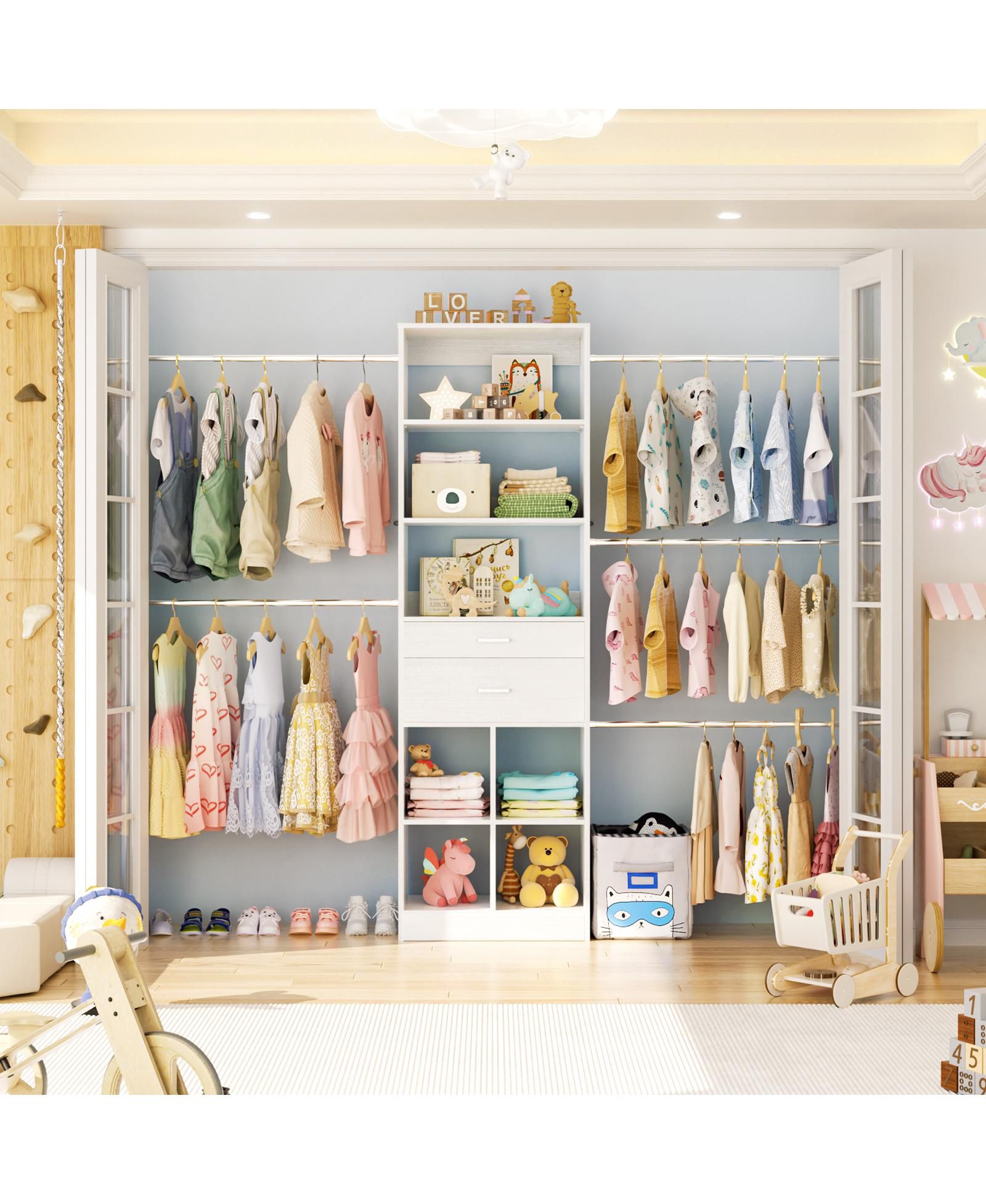 Система органайзера для шкафа Aheaplus Walk-in Adjustable с 2 ящиками и 5 штангами, подходит для шкафов 60-96''