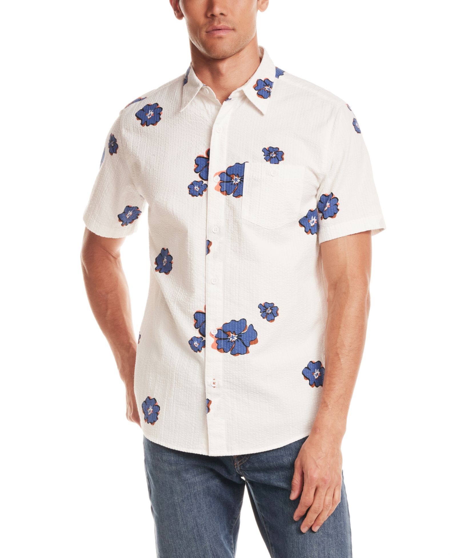 Weatherproof Vintage Men's Short-Sleeve Button-Down Seersucker Print 100% Cotton Hawaiian Shirt