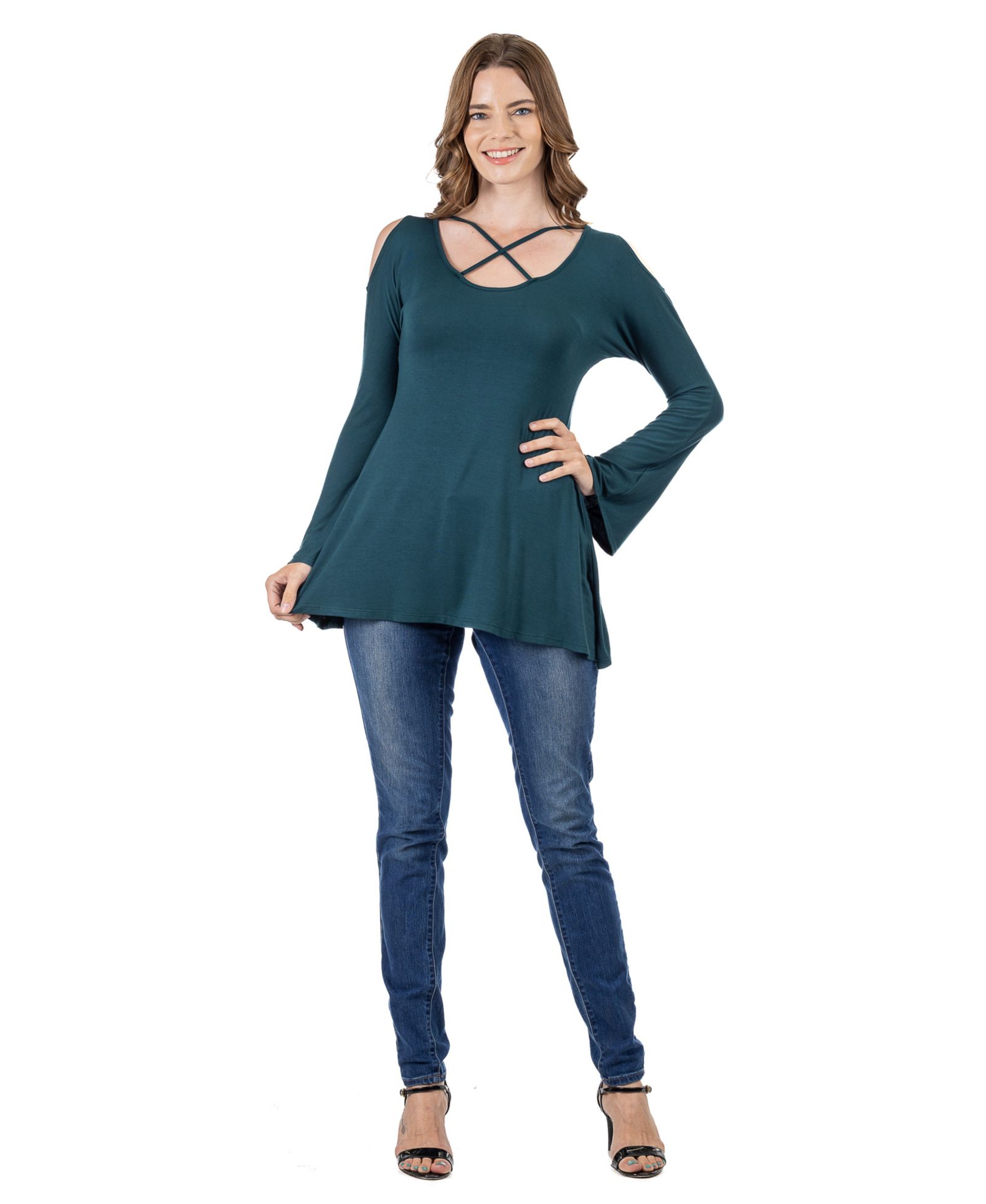 24seven Comfort Apparel Женский топ с длинным рукавом и открытыми плечами, перекрестный крой