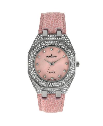 Peugeot Women's 37mm Pink Watch with Crystal Bezel Leather Band