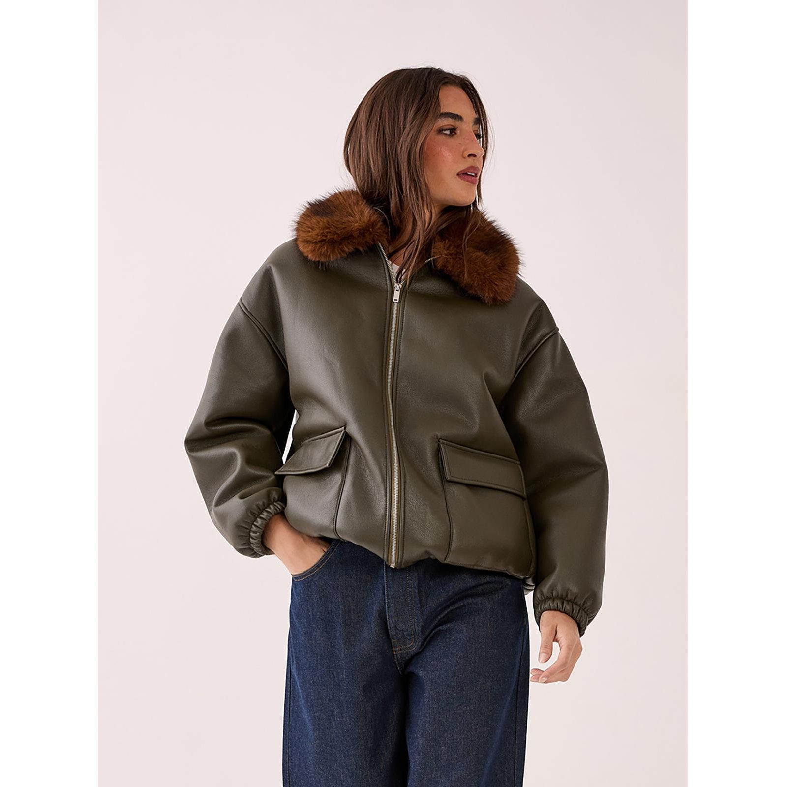 Nasty Gal Women's Faux Fur Collar Bomber Jacket