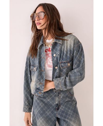 Nasty Gal Women's Check Denim Distressed Jacket
