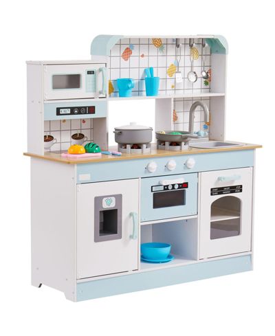 Wooden Kids Kitchen Playset with Lights Sounds Sink Oven Ice Maker and 24 Piece Accessory Set