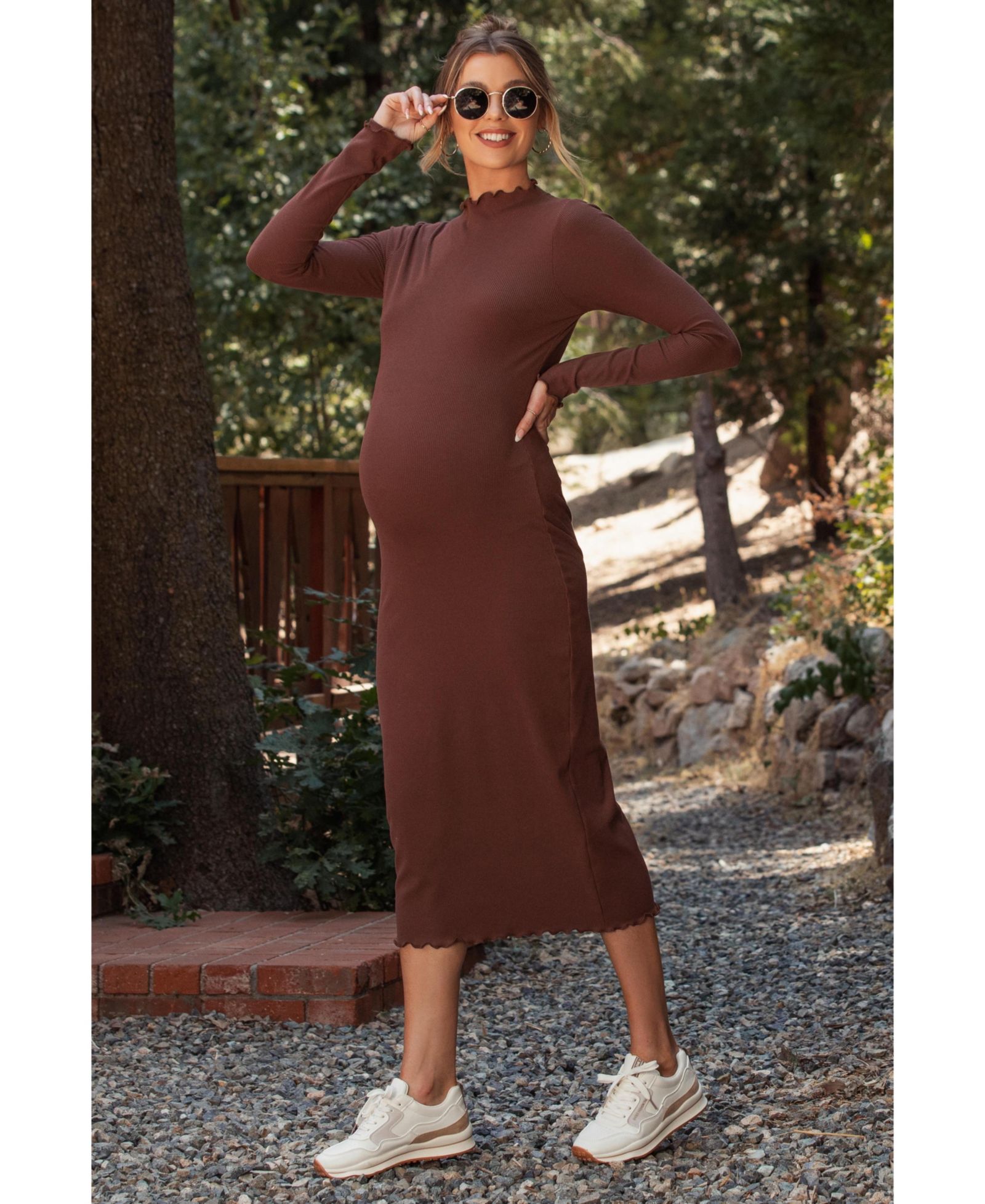Pinkblush Women's Brown Ruffle Mock Neck Long Sleeve Midi Dress