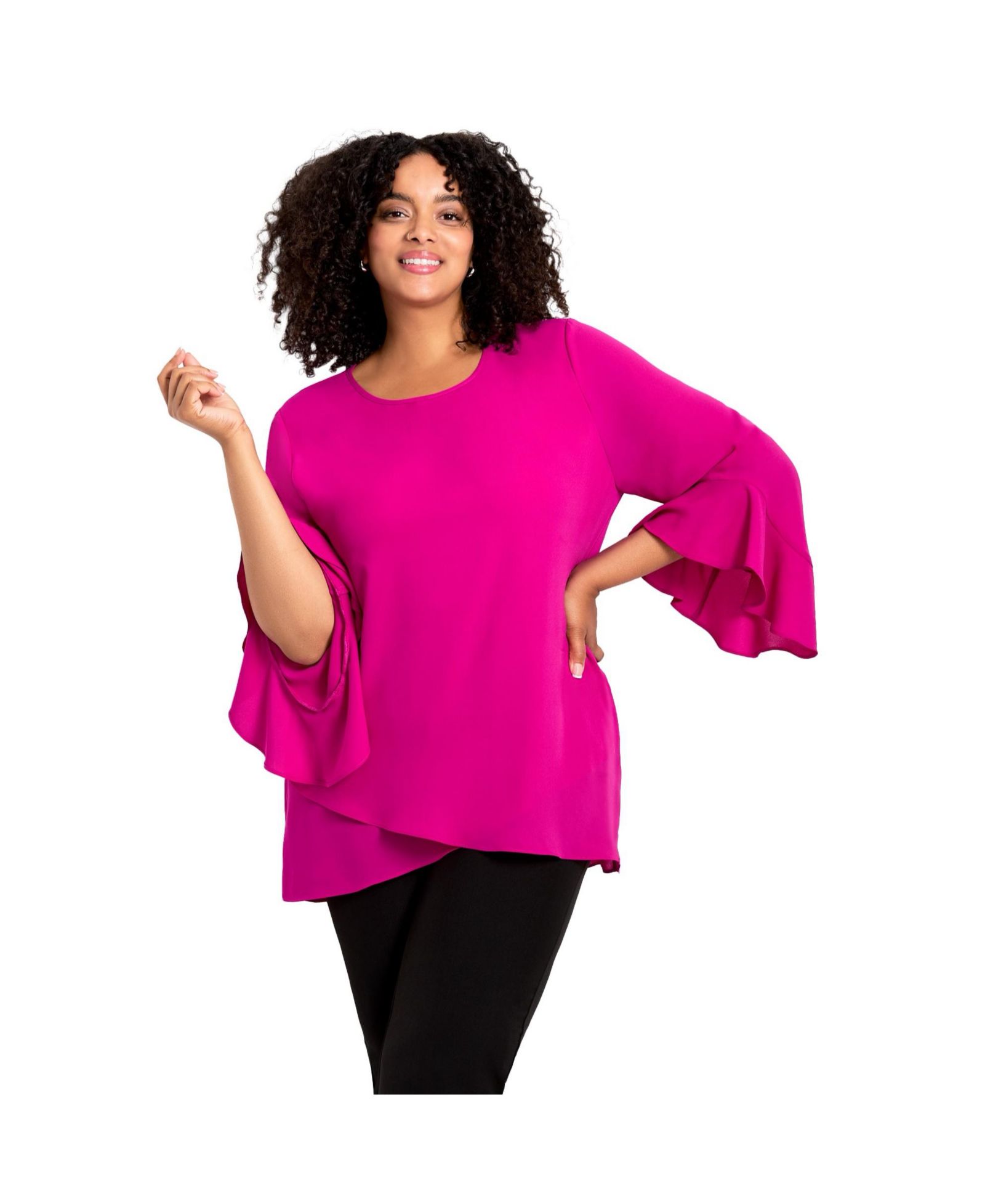 AVENUE Plus Size Ruffle Sleeve Tulip Hem Women's Blouse