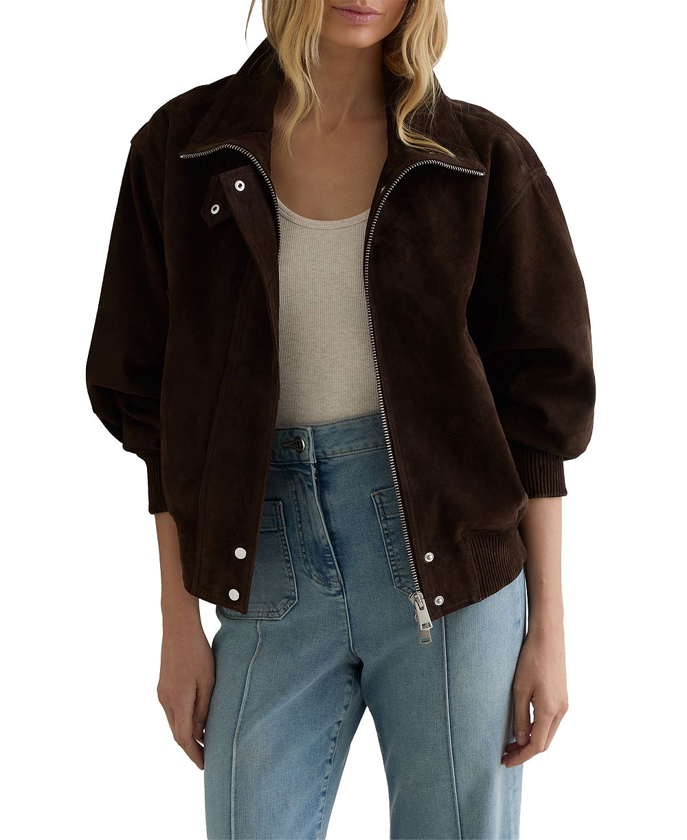 REISS Women's Cara Suede Funnel-Neck Bomber Jacket