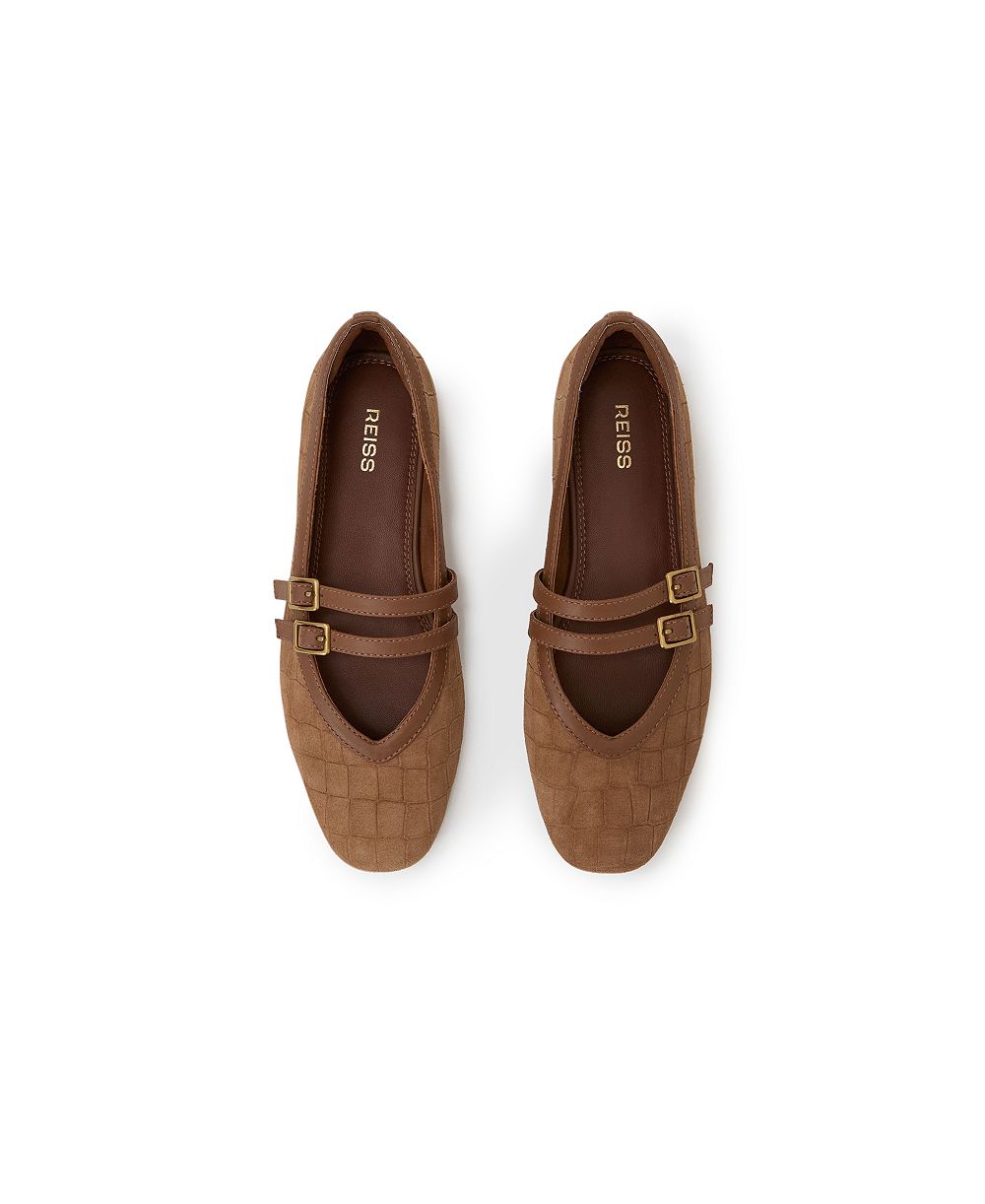 REISS Women's Eliza Croc-Embossed Suede Ballet Flats