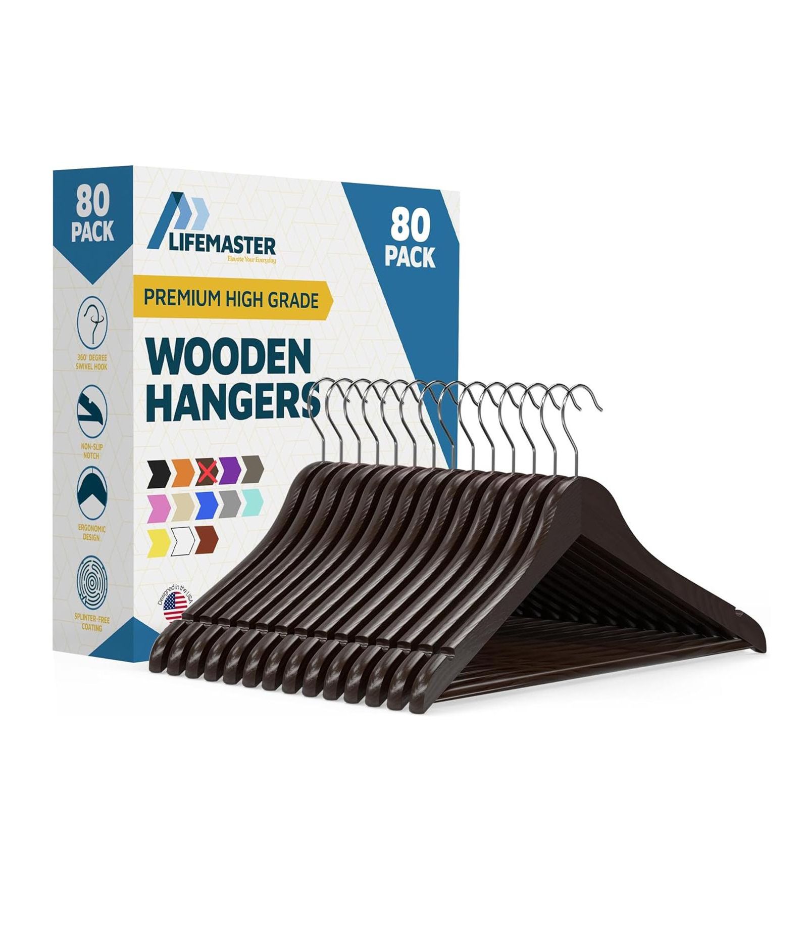 Lifemaster 80-pack brown wooden hangers with 360° swivel hook, non-slip notches, and pants bar. Supports up to 10 lbs—ideal for suits, dresses & coats