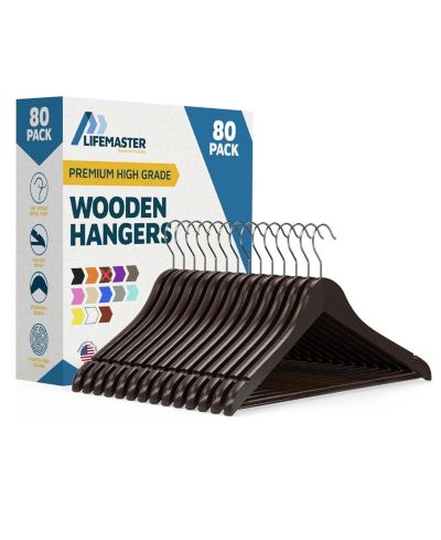Lifemaster 80-pack brown wooden hangers with 360° swivel hook, non-slip notches, and pants bar. Supports up to 10 lbs—ideal for suits, dresses & coats