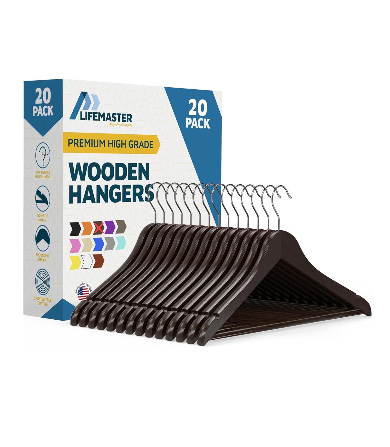 Деревянные вешалки Lifemaster 20 шт. коричневые с противоскользящими насечками и перекладиной для брюк