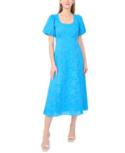 CeCe Women's Bubble-Sleeve Scoop Neck Eyelet Midi Dress