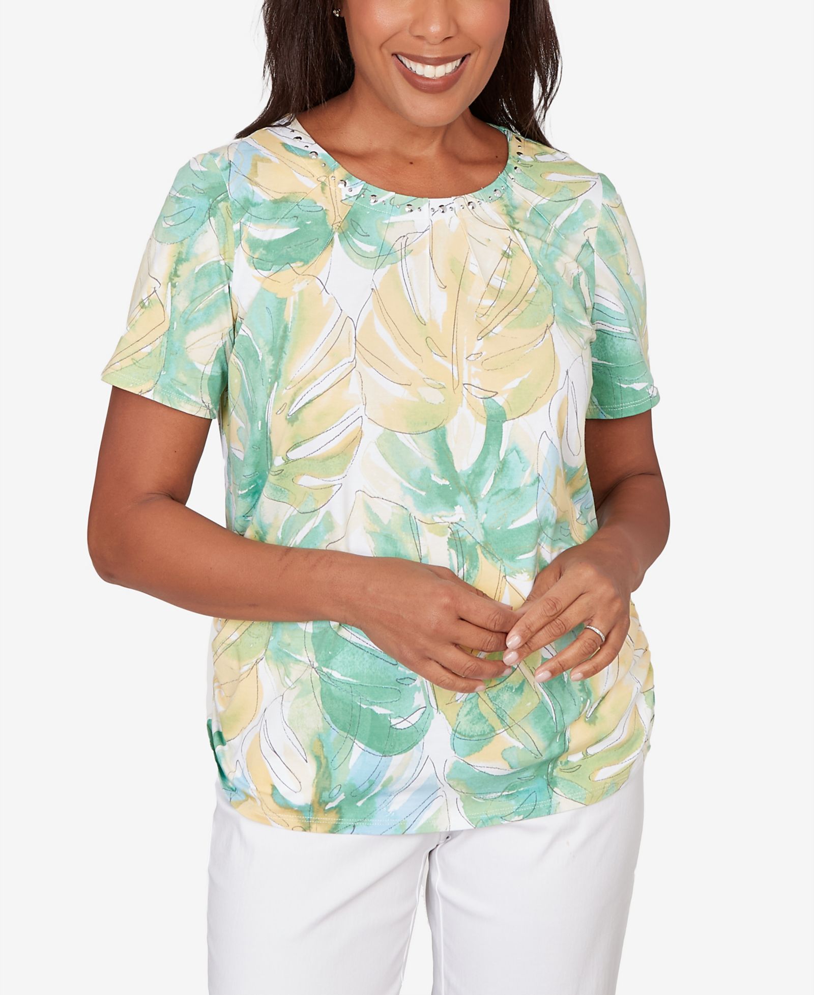 Alfred Dunner Petite Топ с бисером Tropical Leaf Beaded Neck Ruched
