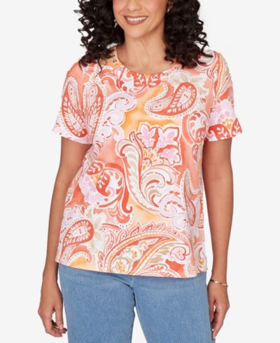 Alfred Dunner Petite Paisley Beaded Neck Pleated Top