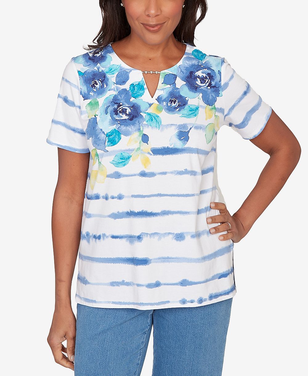 Женский топ Alfred Dunner Petite Striped Floral Split Neck
