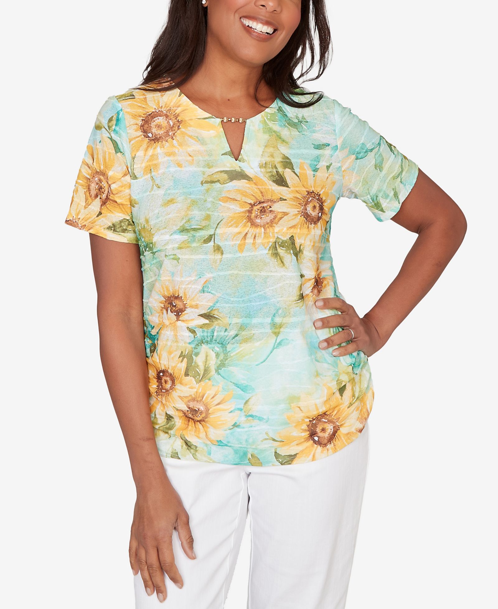 Верх Alfred Dunner Petite Sunflower Split Neck Side Ruched Top