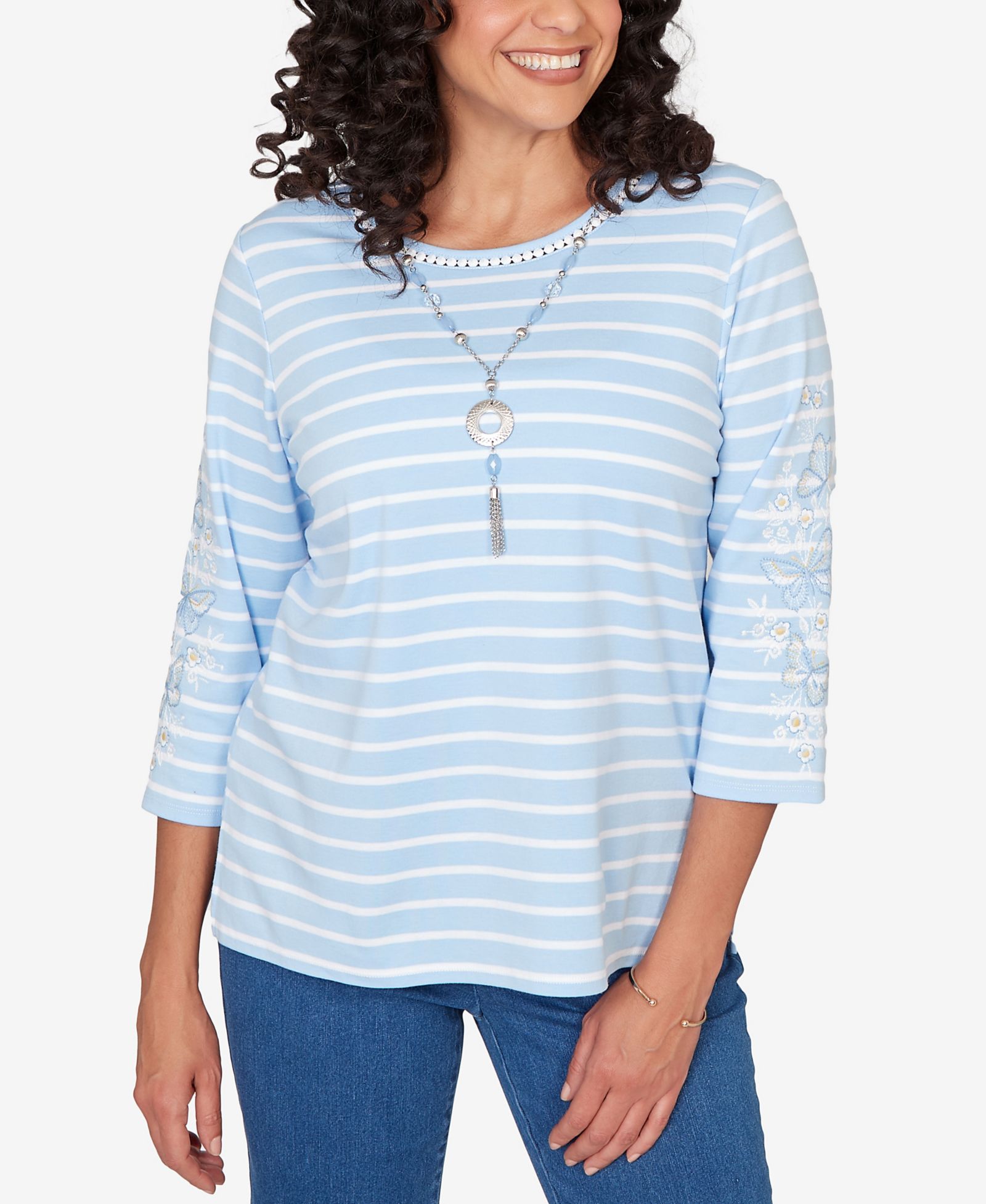 Alfred Dunner Petite Classic Stripe Cornflower Embroidered Sleeve Top with Necklace
