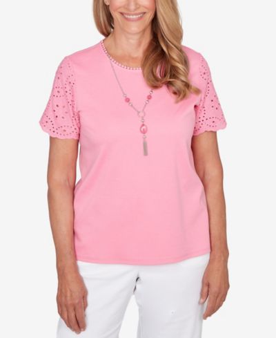 Alfred Dunner Petite классический топ с рукавом Eyelet и ожерельем