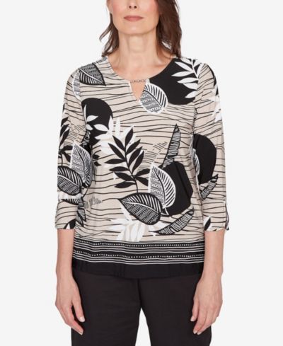 Женский топ Alfred Dunner Petite Classic Tropical Leaf Border Print Split Neck