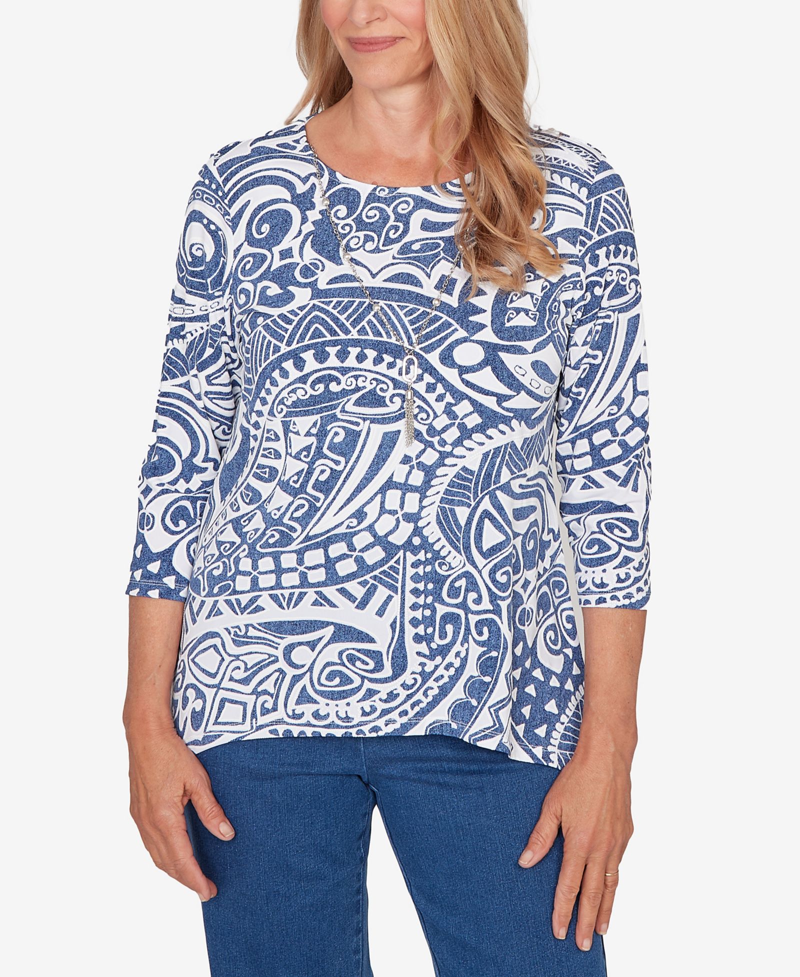 Топ Alfred Dunner Petite Classic Paisley Swirl Sharkbite Hem with Necklace
