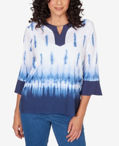 Alfred Dunner Petite Classic Tie Dye Border Split Neck Top