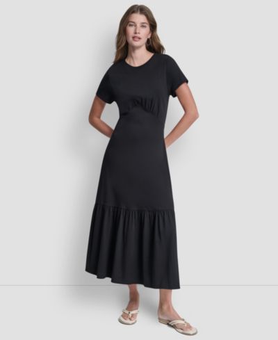 DKNY Jeans Women's Ruched Bodice Crew Neck Tier Long Dress