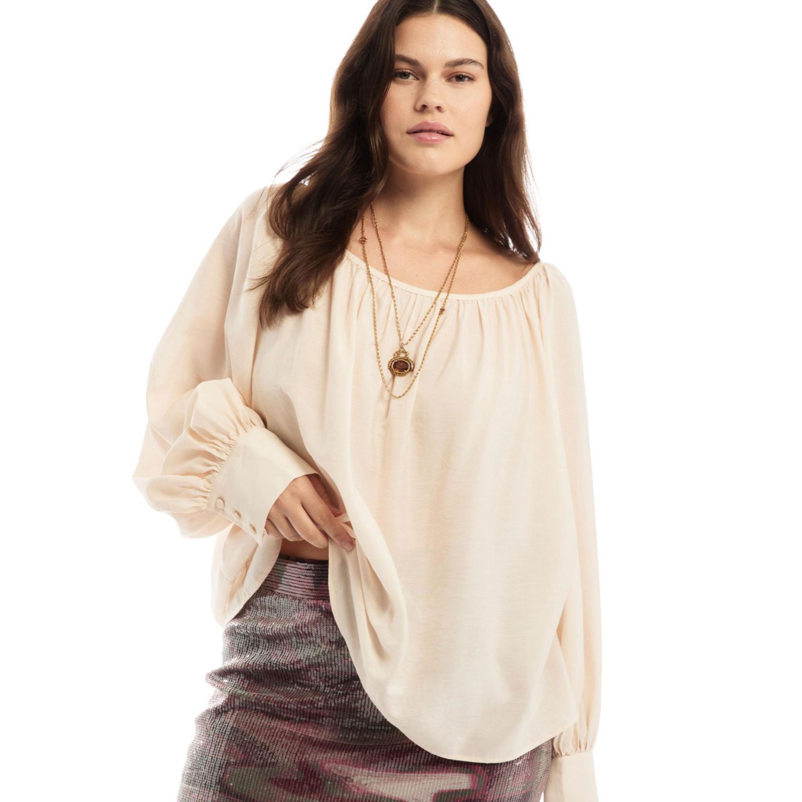June & Vie Women's Boat Neck Balloon-Sleeve Blouse
