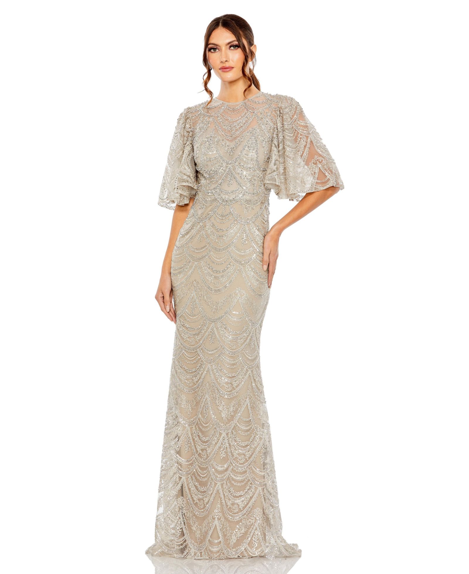 Женское вечернее платье Mac Duggal Embellished Flutter Sleeve High Neck Gown