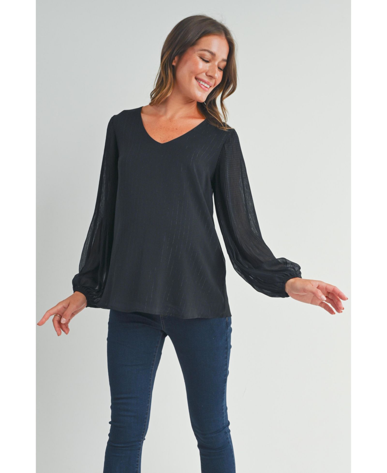 Hello Miz Maternity Flowy Sheer Long Sleeve V Neck Blouse