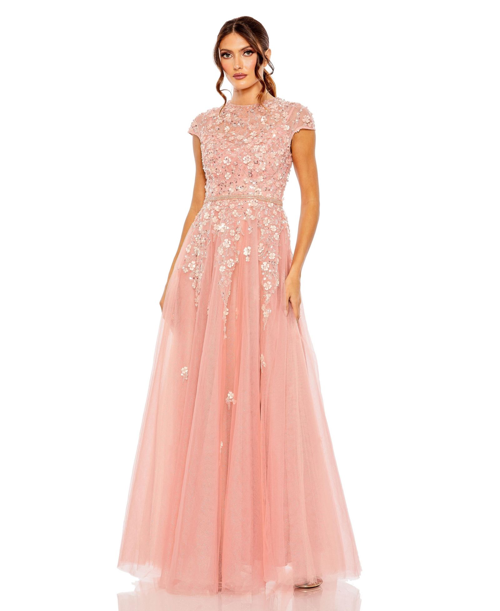 Mac Duggal Women's High Neck Cap Sleeve Embellished A Line Gown