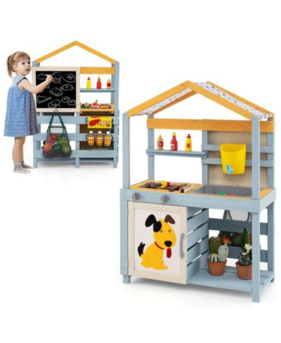 Costway 2-in-1 Wooden Outdoor Mud Kitchen Play Set, Ages 3+