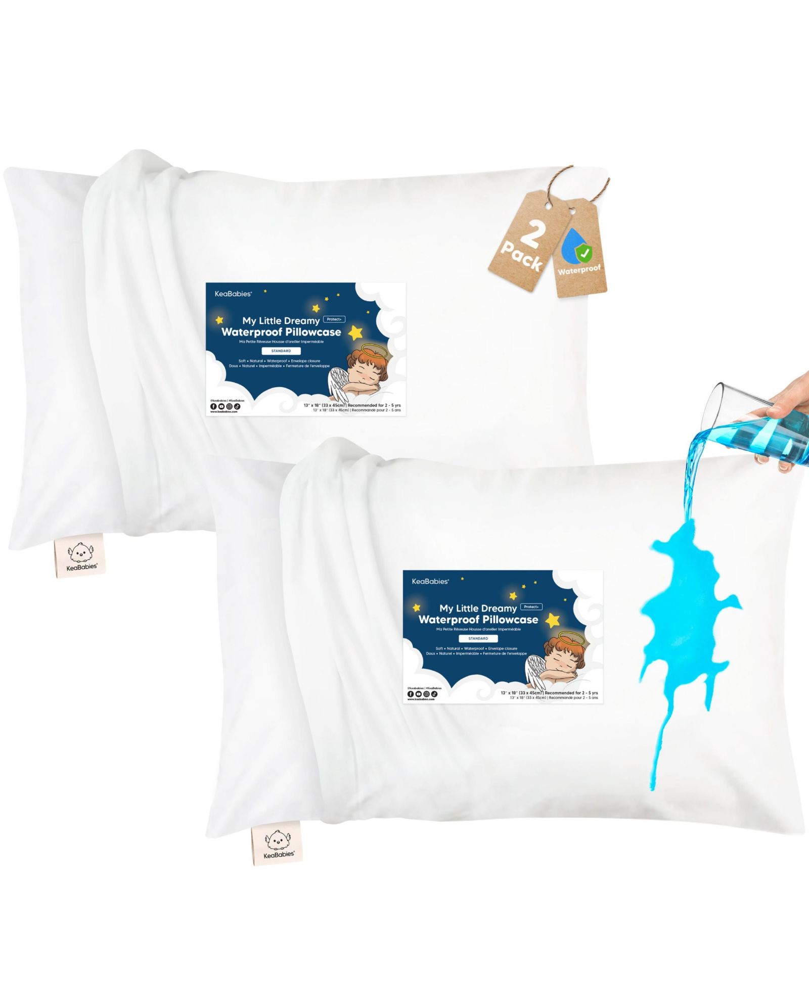 KeaBabies 2-Pack Waterproof Toddler Pillowcases for 13x18 Pillow, Soft Waterproof Kids Pillow Protector Cover for Sleeping, Durable